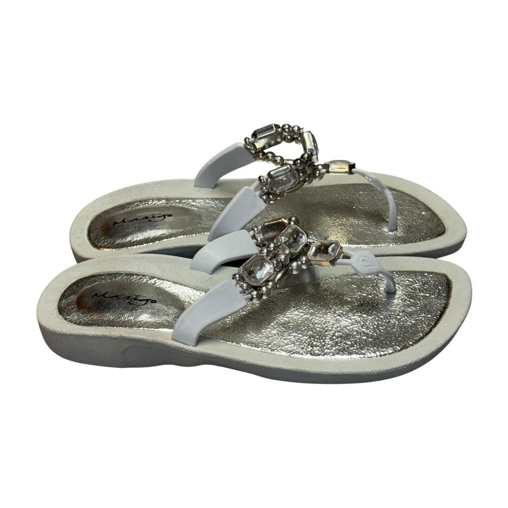 Marigo Women Large Flip Flop White Silver Rhinestone Beaded Slip On Thong Sandal - Picture 4 of 6